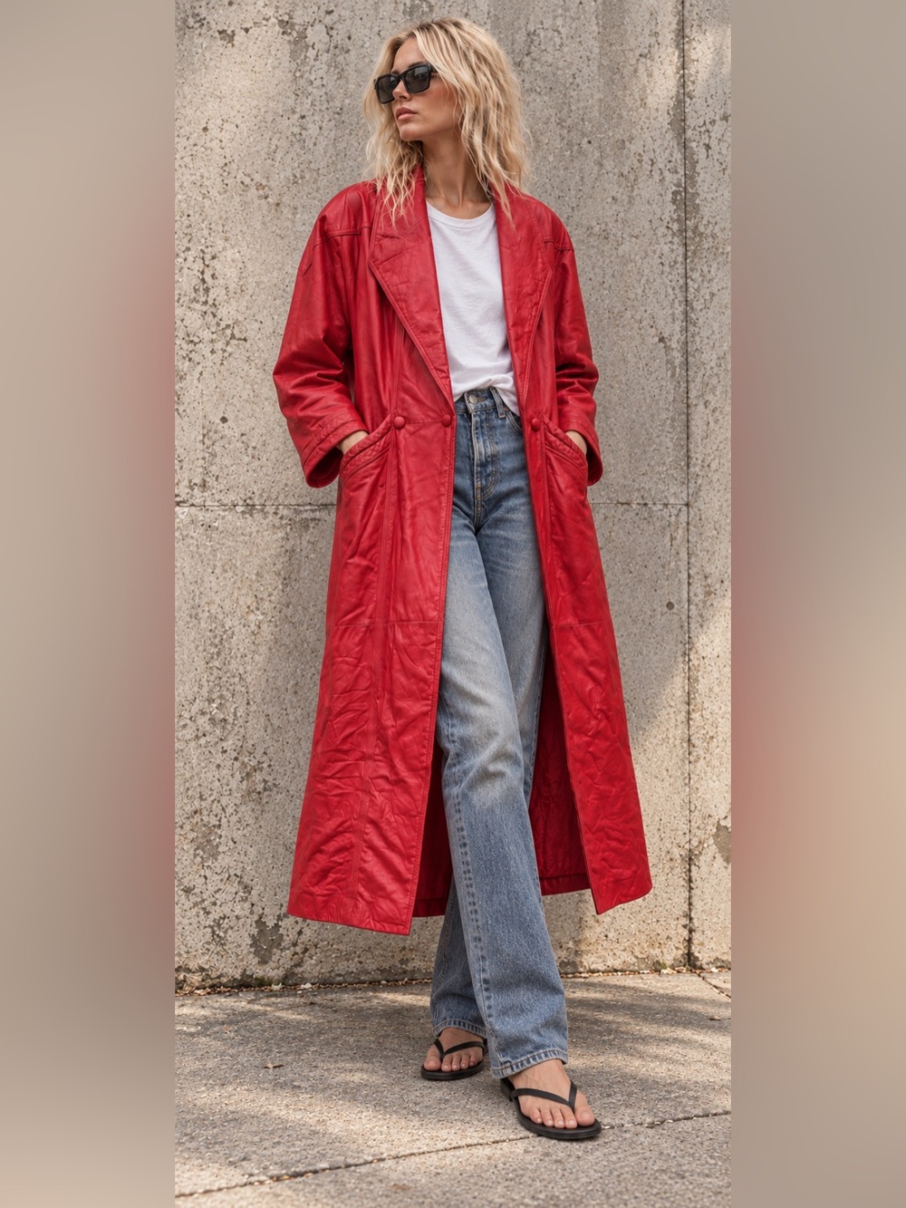 Vintage Pelle Studio Red Leather Maxi Trench Coat Oversized Size M